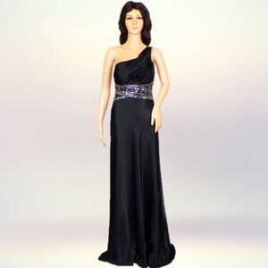 MXI size 9/10 black satin 1-shoulder full-length formal gown 100% polyester